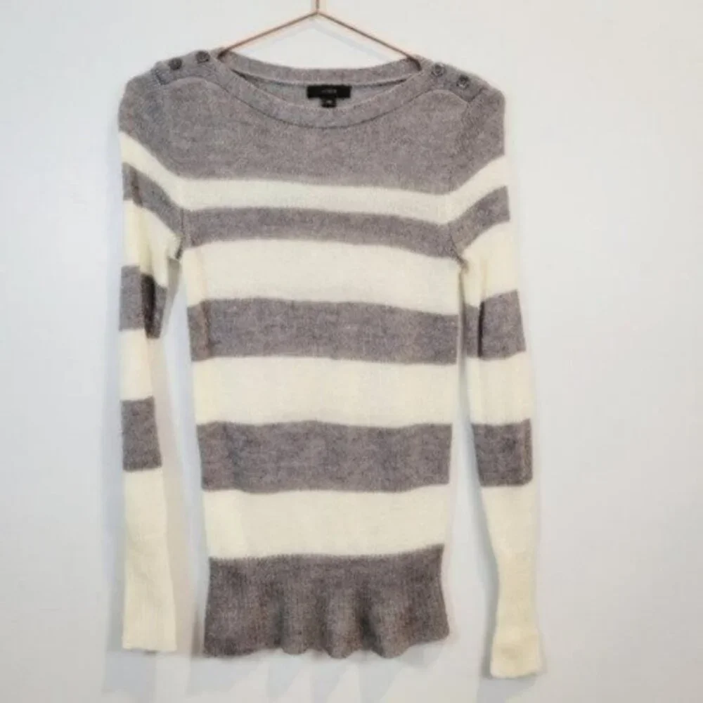 J. Crew Striped Wool Mohair Boat Neck Sweater Gray White
